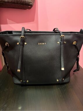 DKNY Black Saffiano-Texture Tote with Gold Hardware